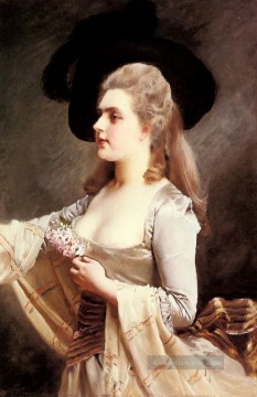  Gustave Werke - Eine elegante Dame in einem schwarzen Hut Dame Porträt Gustave Jean Jacquet